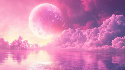 Wall Mural - Enchanting pink moonlit sky reflecting over serene ocean with mystical clouds