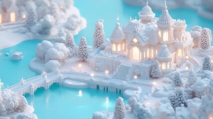 Aufkleber - Snow Covered Fantasy Castle on a Turquoise Lake with Sparkling Bridge and Illuminated Buildings