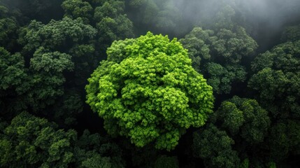 Poster - Aerial View Of Green Forest With Central Tree Surrounded By Canopy And Soft Haze