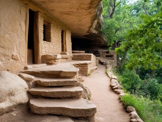 Poster - Ancient Sandstone Structure With Steps Leading To A Pathway Amidst Lush Green Foliage Under A Natural Rock Overhang