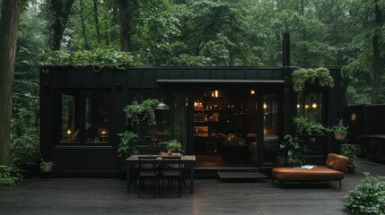 Poster - Modern Cabin Exterior with Large Windows and Warm Lighting in Lush Green Forest on Rainy Day