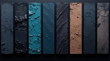 Leinwandbilder - Arrangement Of Textured Swatches In Shades Of Blue And Brown On A Dark Backdrop