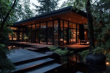 Poster - Modern Glass House Surrounded By Lush Green Trees And Reflecting Pool With Warm Interior Light At Dusk