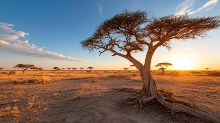 Fototapete - Isolated Tree Silhouetted Against a Vibrant Sunset Sky on the African Savanna