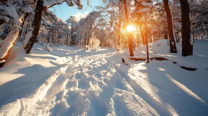 Aufkleber - Sunlit Snow Covered Forest Path In Winter Scene