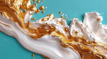 Leinwandbilder - Abstract Golden Glitter And White Liquid Paint Flowing On Teal Background With Splashes