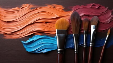 Poster - Colorful Paint Strokes And Paint Brushes On Wooden Surface With Vibrant Orange And Blue Hues