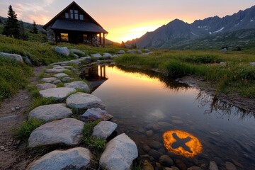 Aufkleber - Sunset View Of Wooden Cabin Beside Calm Stream With Mountain Reflection And Rocky Path Leading To It