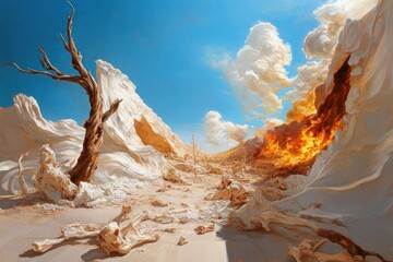 Poster - Dead Tree And Burning Fire In Barren Desert Landscape Against Blue Sky