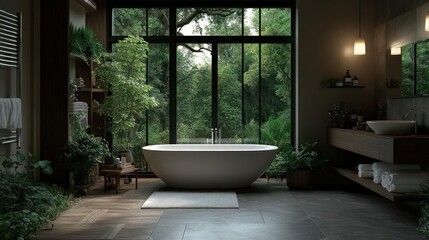 Poster - Modern Bathroom Interior with Bathtub and Green Forest View Daylight Shining through Window