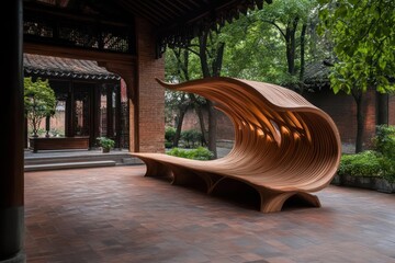 Poster - Artistic Wooden Wave Bench In Courtyard With Brick Walls And Lush Greenery Under Daylight