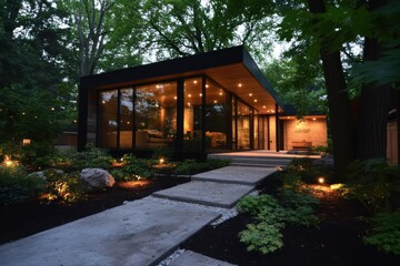 Poster - Modern House Exterior Illuminated At Night With Glass Walls Stone Path and Manicured Garden