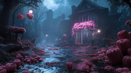 Aufkleber - Enchanted Night Garden Scene With Pink Flowers Leading To A Victorian House Under Soft Illumination