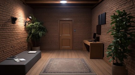 Aufkleber - Interior Room With Brick Walls Wooden Floor And Two Potted Plants Under Warm Lighting