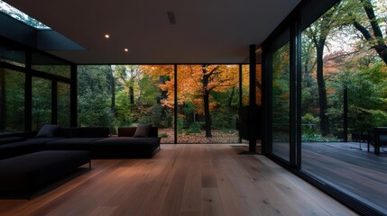 Aufkleber - Modern Living Room Interior With Large Glass Windows Showing Autumnal Trees Wooden Floor and Dark Sofa Set in Daylight