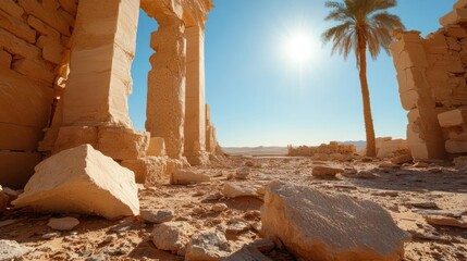 Poster - Ancient Stone Ruins In Desert Landscape With Sun And Palm Tree In Bright Sunlight