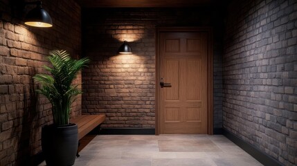 Poster - Interior Hallway With Brick Walls Wooden Door Bench and Potted Plant Illuminated by Warm Light