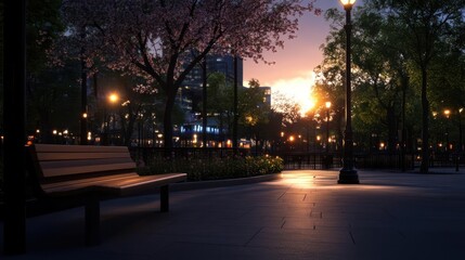 Aufkleber - Evening Park Scene With Bench Trees And Warm Sunset Colors Under Streetlights
