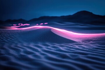 Poster - Purple Illuminated Sand Dunes Under a Dark Blue Night Sky with Distant Mountains