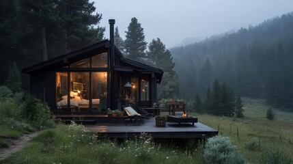Aufkleber - Cozy Cabin Exterior in Lush Green Forest During Rainfall with Warm Interior Lights and Serene Evening Ambiance