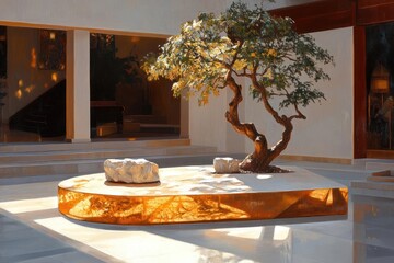 Poster - Bonsai Tree in Japanese Courtyard with Stone Platform under Warm Daylight