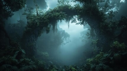Aufkleber - Mysterious Green Forest Scene With Arched Tree Tunnel And Ethereal Lighting