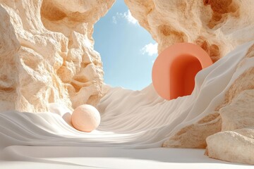 Leinwandbilder - Abstract 3D Render of Beige Rock Formations with Peach Sphere and Arch Against Blue Sky