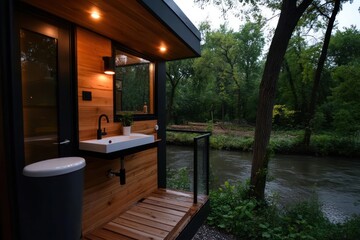 Aufkleber - Modern Cabin Exterior Overlooking River with Wood Siding Featuring Sink Lighting and Green Trees