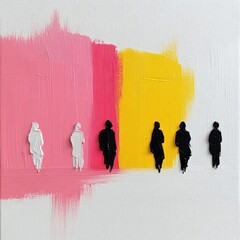 Leinwandbilder - Abstract Textured Art Piece With Pink And Yellow Painted Blocks And Human Figures In Silhouette