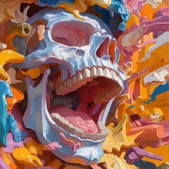 Leinwandbilder - Colorful Skull Illustration With Open Mouth And Textured Abstract Background