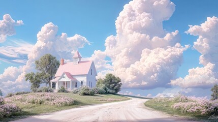 Aufkleber - White House On Hill With Pink Roof And Flowers Pathway Under Blue Cloudy Sky