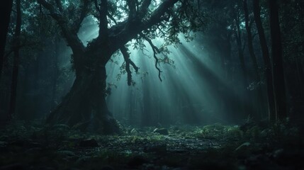 Aufkleber - Enchanting Forest Scene Featuring An Ancient Tree Bathed In Dramatic Light With A Dark Mysterious Background