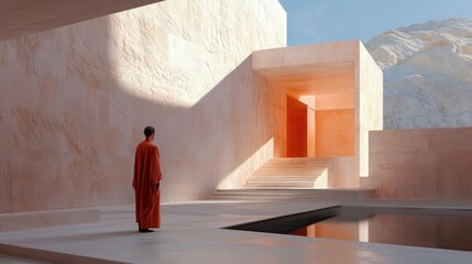 Aufkleber - Person in Orange Robe Admiring Geometric Architectural Design with Strong Light and Shadow Effects