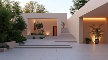 Poster - Modern House Exterior With Beige Walls Staircase and Lush Greenery Warm Lighting and Shadows