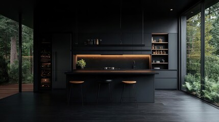 Poster - Modern Dark Kitchen Interior with Natural Lighting and Outdoor Views through Large Windows
