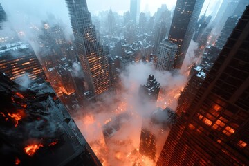 Poster - Aerial View Of A Burning City At Night With Fire And Smoke Surrounding Tall Buildings