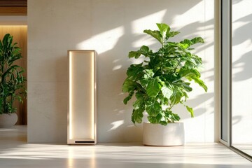 Aufkleber - Modern Interior Scene With Speaker And Potted Plants Beside Bright Window With Sunlight On Textured Wall