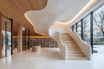 Poster - Modern Interior Library With White Curved Staircase Wood Ceiling And Large Windows Showing Outdoor View