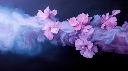 Aufkleber - Abstract Floral Arrangement With Purple Flowers And Flowing Blue Smoke On Dark Background