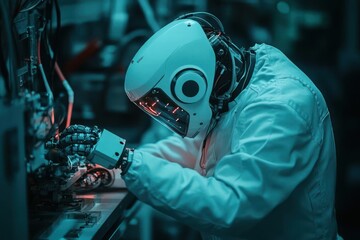 Poster - Robot Engineer in a White Coat Repairs Electronic Components in a Lab with Blue Lighting