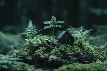Poster - Miniature Wooden Cabin Surrounded by Lush Green Plants on a Mossy Island with Atmospheric Lighting