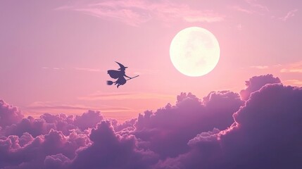 Wall Mural - Silhouetted witch flying on broomstick against pink cloudy sunset