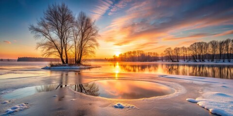 Wall Mural - Serene winter sunrise over a tranquil frozen lake, showcasing the golden hour light reflecting on the icy surface and bare trees, creating a picturesque landscape of peaceful winter beauty.
