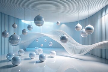 Wall Mural - Serene Minimalist Interior with Suspended Orb Decorations and Abstract Wave Structure