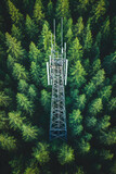 Telecommunication tower rising above the green forest canopy connecting remote areas