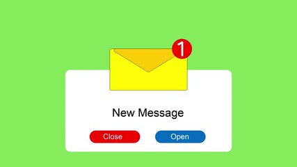 New message Pop Up animation with open and close buttons on green background.