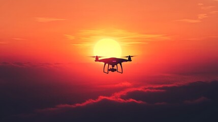Wall Mural - Drone silhouette against vibrant sunset sky above cloud layer