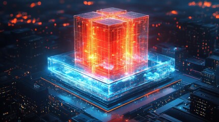 Glowing cube on futuristic tech platform in city. Red and blue light glow