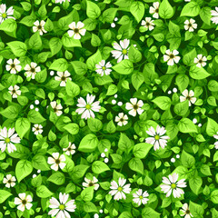 Wall Mural - seamless pattern with small white flowers and green leaves. vector floral print