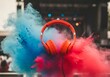 © JARVIS X - Orange Headphones in Vibrant Color Powder Explosion Music, Party, Festival Concept.